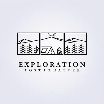 Simple frame adventure camping logo badge vector illustration design line art Stock Illustration
