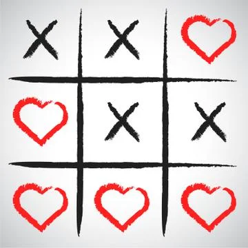 Simple game - X-O game.Hand drawn tic-tac-toe elements.Happy Valentines day s Stock Illustration