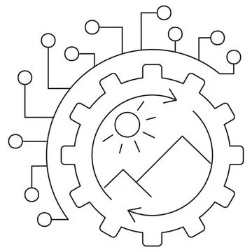 Simple gear icon with network nodes, sun and mountain scenery inside Stock Illustration