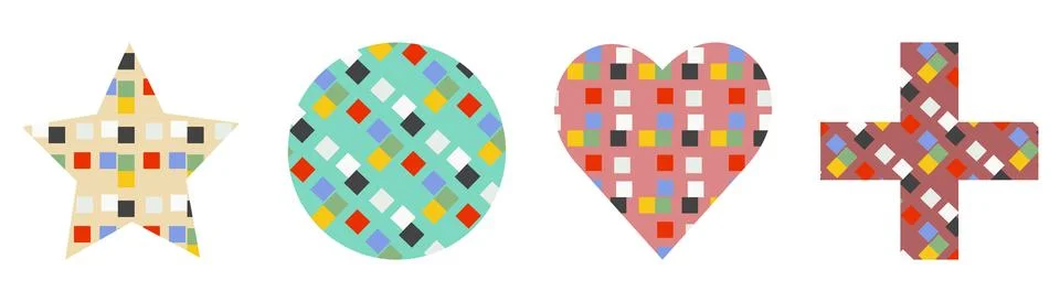 Simple geometric elements with patterned abstract shapes Stock Illustration