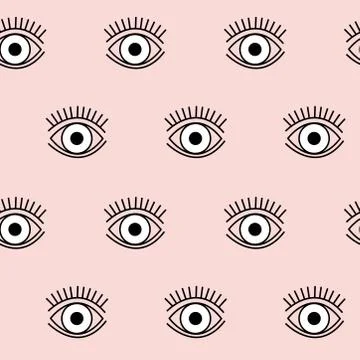 Simple, geometric eye vector pattern in black and white on pink background. Illustrazione stock