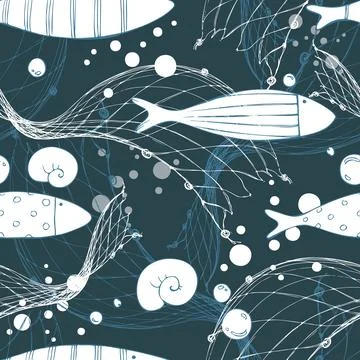 Simple geometric fish among nets and bubbles against the background of the dark Illustrazione stock
