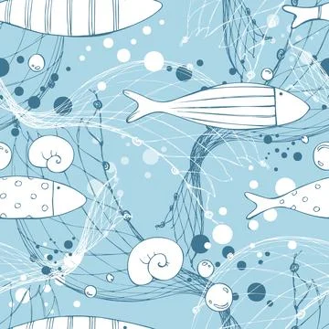 Simple geometric fish among nets and bubbles on the background of the blue sea Stock Illustration