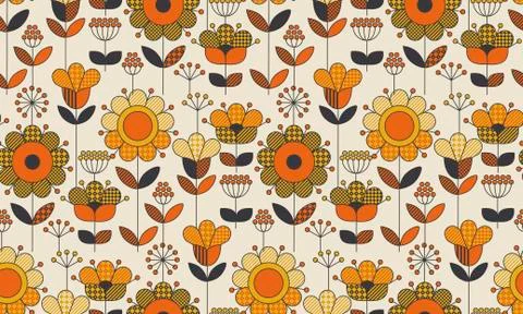 Simple geometric floral seamless pattern. Retro 60s sunflowers motif in fall  Illustrazione stock