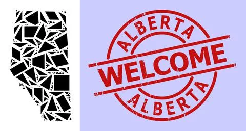 Simple Geometric Mosaic Map of Alberta Province with Round Scratched Welcome Stock Illustration