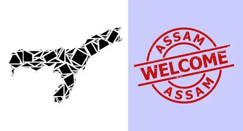 Simple Geometric Mosaic Map of Assam State with Round Grunge Welcome Stamp Print Stock Illustration