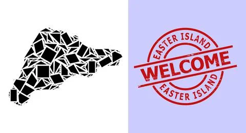 Simple Geometric Mosaic Map of Easter Island with Round Distress Welcome Stamp 库存插图