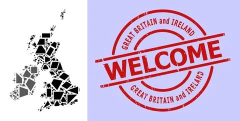 Simple Geometric Mosaic Map of Great Britain and Ireland with Round Scratched Stock Illustration