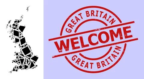 Simple Geometric Mosaic Map of Great Britain with Round Textured Welcome Stamp Stock Illustration