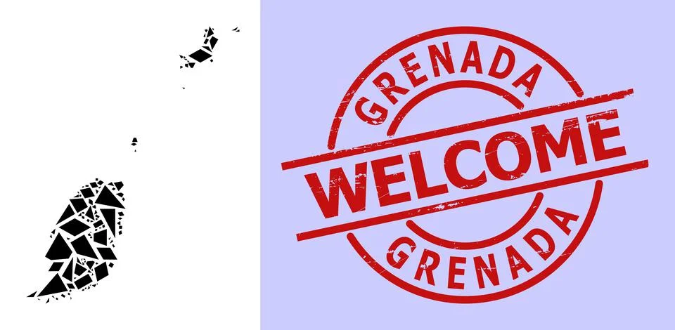 Simple Geometric Mosaic Map of Grenada Islands with Round Distress Welcome Illustrazione stock
