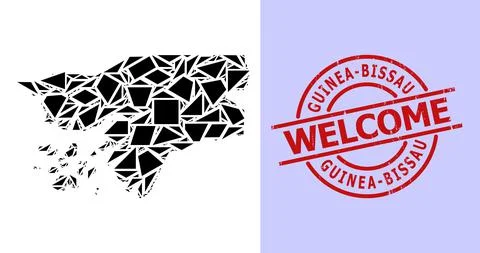 Simple Geometric Mosaic Map of Guinea-Bissau with Round Distress Welcome Stamp Stock Illustration