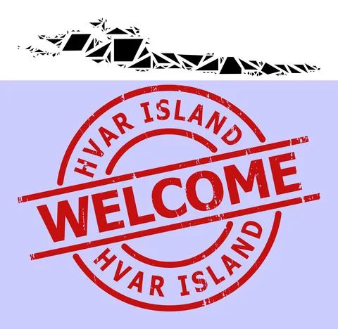 Simple Geometric Mosaic Map of Hvar Island with Round Scratched Welcome Stock Illustration
