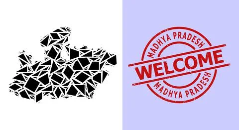 Simple Geometric Mosaic Map of Madhya Pradesh State with Round Grunge Welcome Stock Illustration