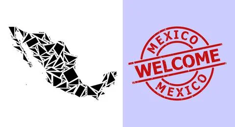 Simple Geometric Mosaic Map of Mexico with Round Distress Welcome Badge Stock Illustration