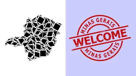 Simple Geometric Mosaic Map of Minas Gerais State with Round Textured Welcome Illustrazione stock