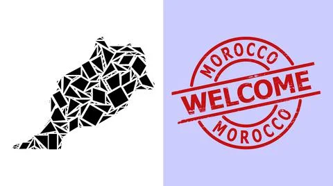 Simple Geometric Mosaic Map of Morocco with Round Textured Welcome Stamp Seal Stock Illustration