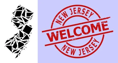 Simple Geometric Mosaic Map of New Jersey State with Round Scratched Welcome Stock Illustration