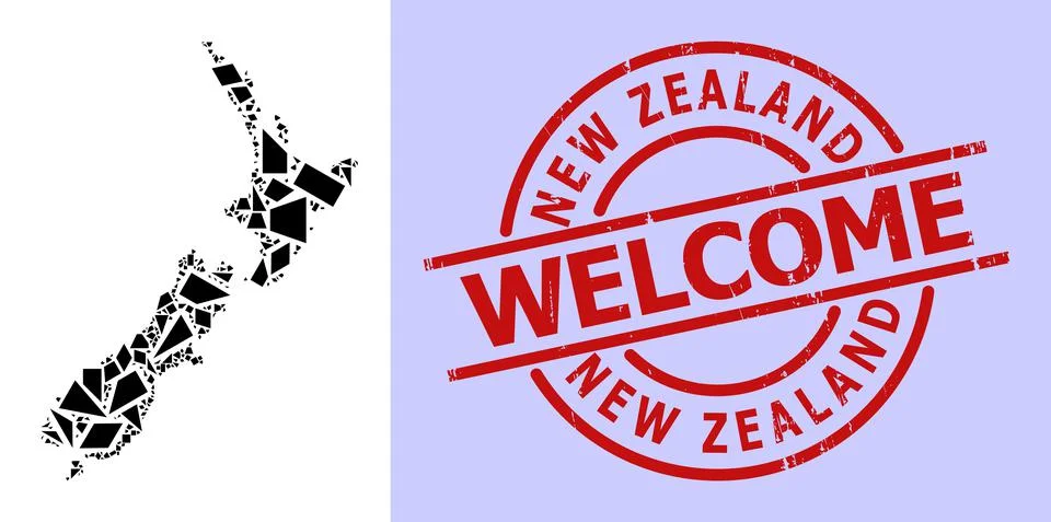 Simple Geometric Mosaic Map of New Zealand with Round Scratched Welcome Stamp Stock Illustration