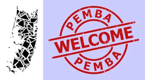 Simple Geometric Mosaic Map of Pemba Island with Round Textured Welcome Stamp Stock Illustration