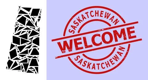 Simple Geometric Mosaic Map of Saskatchewan Province with Round Distress Welcome Stock Illustration
