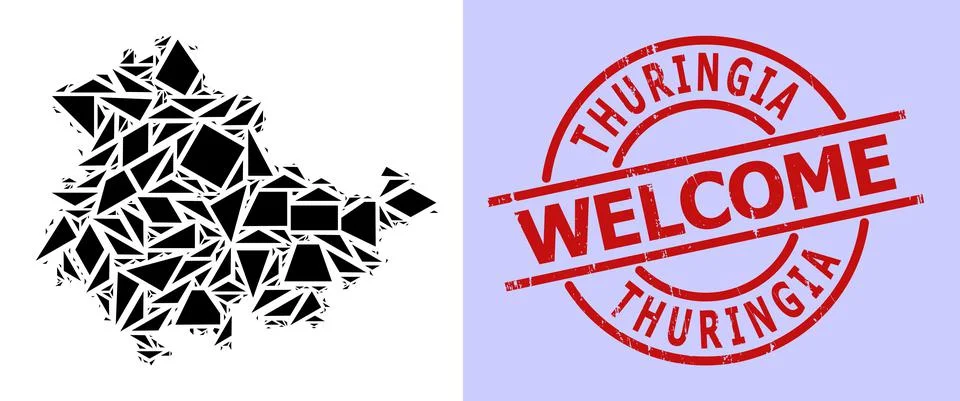 Simple Geometric Mosaic Map of Thuringia State with Round Distress Welcome Stamp Illustrazione stock