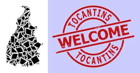 Simple Geometric Mosaic Map of Tocantins State with Round Textured Welcome Stamp Stock Illustration