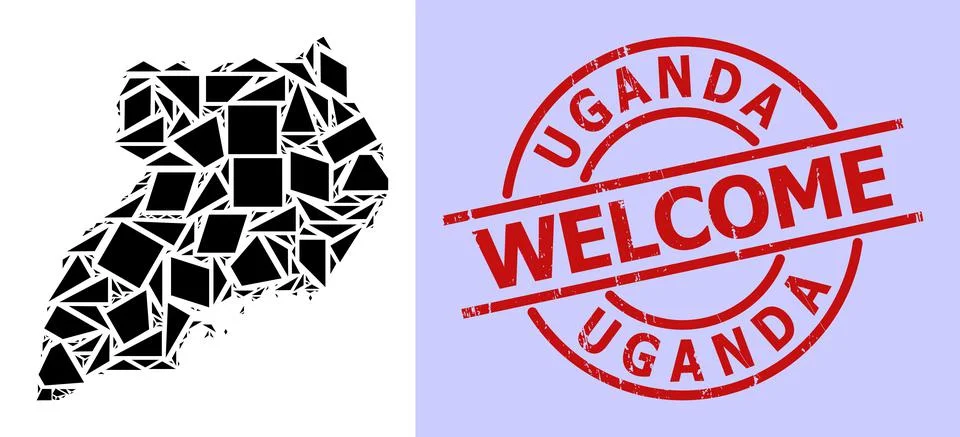 Simple Geometric Mosaic Map of Uganda with Round Distress Welcome Stamp Stock Illustration