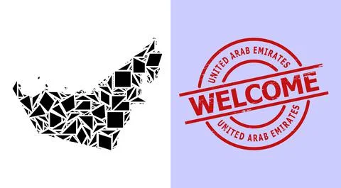 Simple Geometric Mosaic Map of United Arab Emirates with Round Textured Welcome Stock Illustration