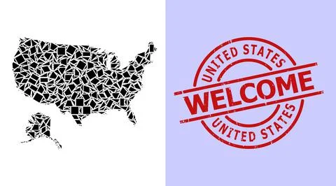 Simple Geometric Mosaic Map of USA and Alaska with Round Textured Welcome Stamp Ilustração Stock