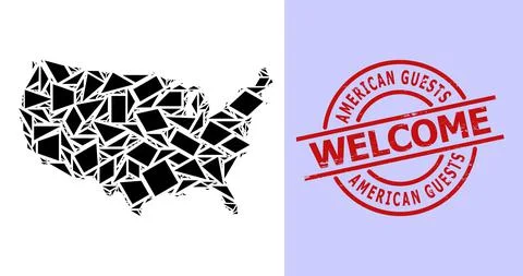 Simple Geometric Mosaic Map of USA with Round Textured Welcome Stamp Ilustração Stock