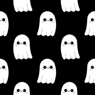 Simple ghost hand drawn Halloween seamless pattern on black background. Vector Stock Illustration