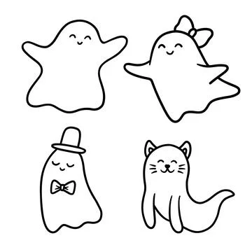 Simple ghost, vector outline illustration isolated on white. Ghost girl with bow Stock Illustration