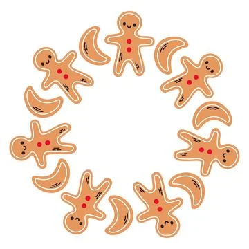 Simple gingerbread cookie man and month festive round frame with Christmas Stock Illustration
