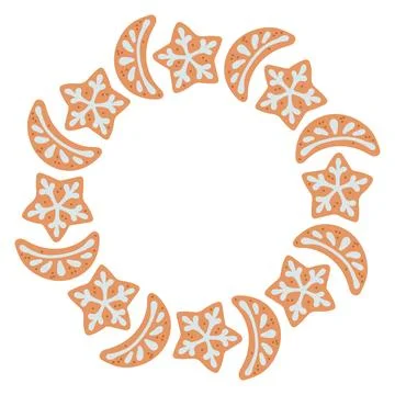 Simple gingerbread cookie snowflake and month festive round frame with Stock Illustration
