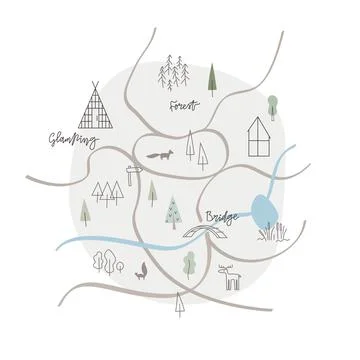 Simple glamping map with wild animals, triangle wooden houses, line trees, roads Stock Illustration