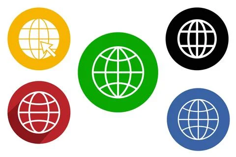 Simple globe icon. Linear, thin outline. Set of white icons with long shado.. Stock Illustration