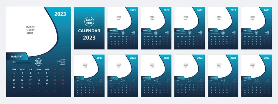 Simple gradient color calendar  vector design. 12 page calendar Stock Illustration