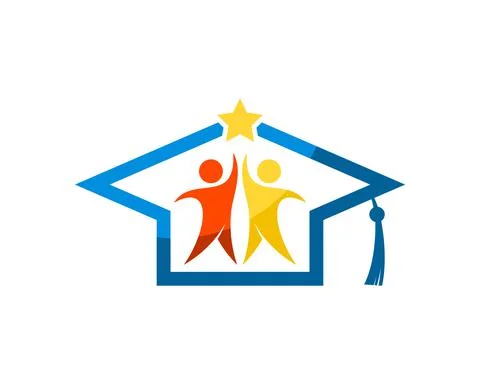 Simple graduation hat with two success people reach star inside Stock Illustration
