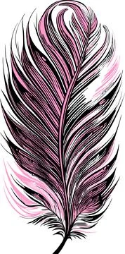 Simple graphic drawing black and pink bird feather, sketch, logo Illustrazione stock