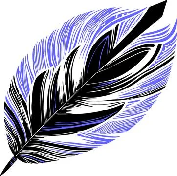 Simple graphic drawing black and blue bird feather, sketch, logo Illustrazione stock