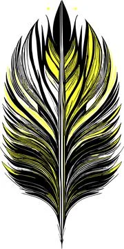Simple graphic drawing black and yellow bird feather, sketch, logo 스톡 일러스트