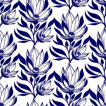 Simple graphic seamless pattern of blue magnolia flowers on white backgroun.. Stock Illustration