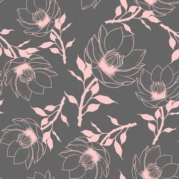 Simple graphic seamless pattern of pink magnolia flowers on a gray backgrou.. イラスト素材