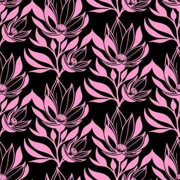 Simple graphic seamless pattern of pink magnolia flowers on black backgroun.. Stock Photos