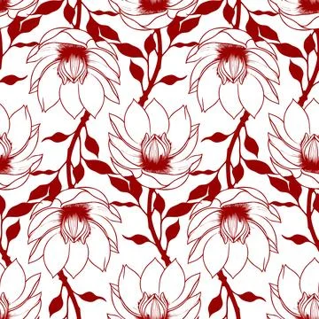 Simple graphic seamless pattern of red magnolia flowers on a white backgrou.. Stock Illustration