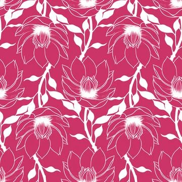 Simple graphic seamless pattern of white magnolia flowers on pink backgroun.. Stock Photos