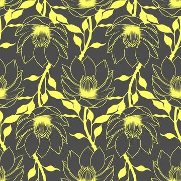 Simple graphic seamless pattern of yellow magnolia flowers on a gray backgr.. Stock Illustration
