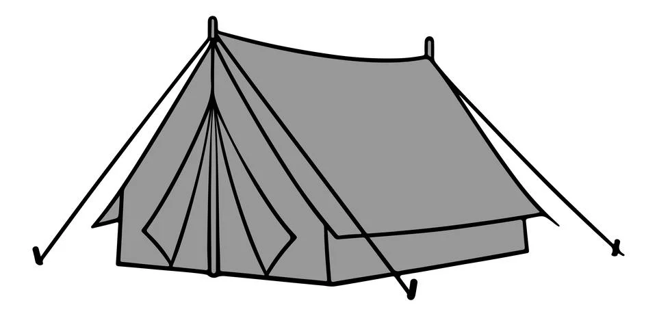 Simple gray canvas tent with central support poles set up outdoors Stock Illustration