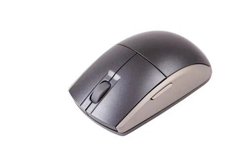 Simple gray wireless computer mouse, plain grey desktop PC mouse object isolated Stock Photos