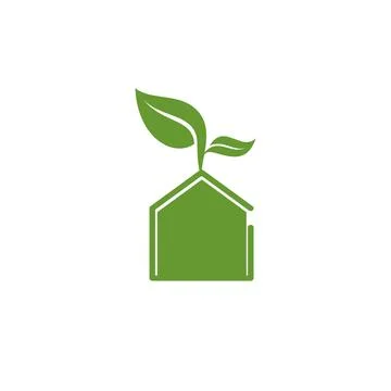 Simple green house with leaf logo and vector icon Stock Illustration